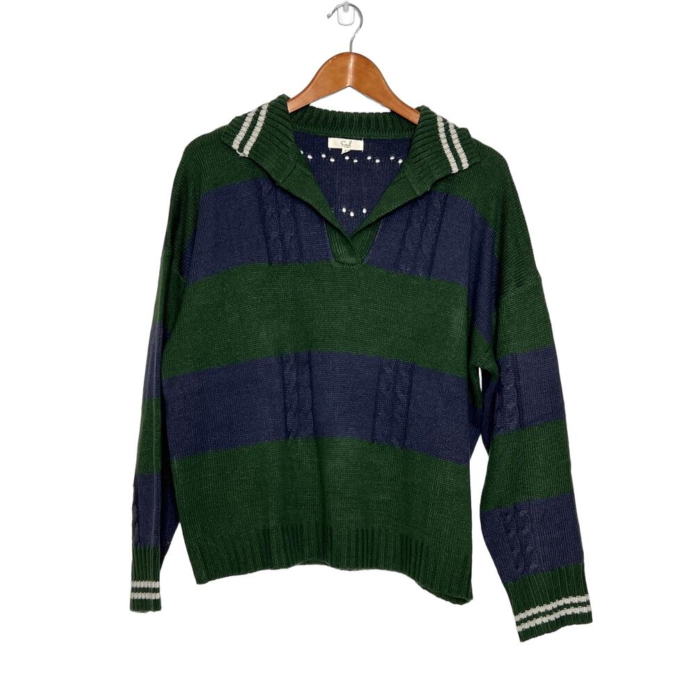 Easel Women's Green Striped Knit Pullover Sweater Collared Preppy Size Medium